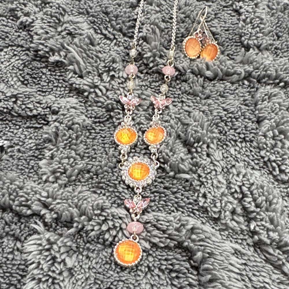 Orange Crystal Drop Necklace and Earrings Set - Women Jewelry